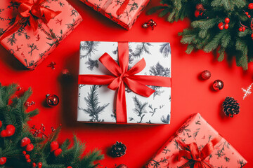 Brightly colored gift boxes are arranged with holiday decorations, showcasing a cheerful Christmas scene filled with joy