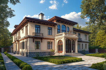 This luxurious mansion features intricate design, surrounded by vibrant gardens and tall trees under a clear blue sky