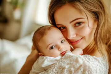 A mother holds her smiling baby in a warmly lit room, capturing a moment of love and connection between them