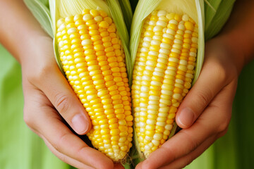 Hands are carefully holding two ears of fresh corn, displaying bright yellow kernels beneath green husks, emphasizing natural harvest