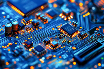 Brightly lit circuit board highlights various electronic components, showcasing detailed connections and patterns in a techy atmosphere
