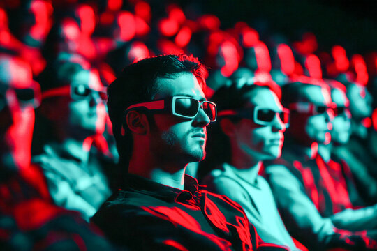 Viewers in a dark theater focus on the screen while wearing 3D glasses, immersed in an exciting cinematic moment with colorful lighting