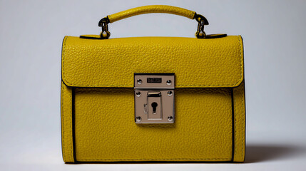 A yellow leather handbag with a metal lock, against a white background. High-resolution product photography, with studio lighting, capturing the bag in high detail and exceptional quality