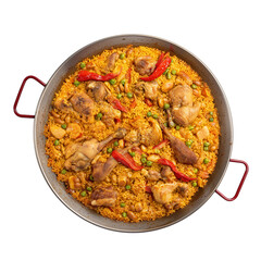 Fototapeta premium Paella valenciana rice with chicken and rabbit in a wide metal pan
