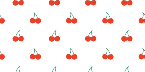 Seamless cherry pattern vector illustration with bright red cherries and green stems on a white background. Ideal for textiles, packaging, and digital designs seeking a playful fruit theme.