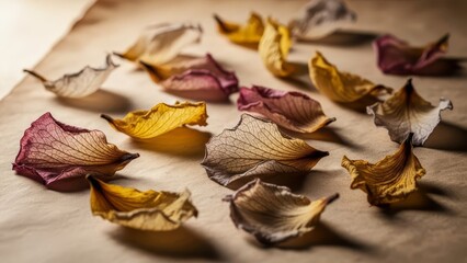Wilting flower petals rest on parchment Shades of yellow pink  beige show intricate veins