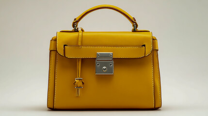 A yellow leather handbag with a metal lock, against a white background. High-resolution product photography, with studio lighting, capturing the bag in high detail and exceptional quality