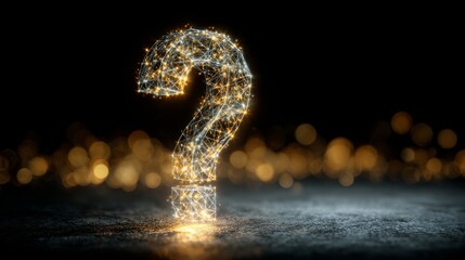 question mark made of a glowing wireframe hologram on a dark background