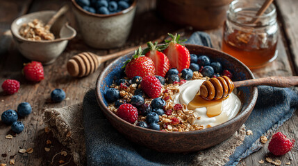 Healthy breakfast bowl with fresh berries, granola, yogurt, and honey drizzle, on a rustic wooden table