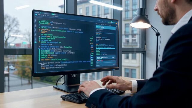 Man working on computer coding in office environment.