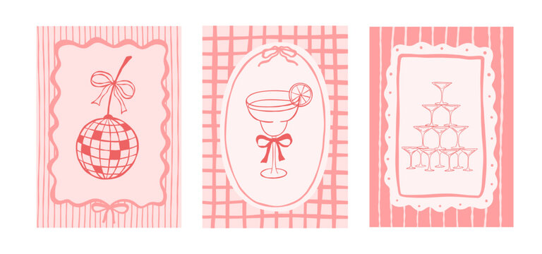 Coquette pyramid of champagne glasses, cherry disco ball and cocktail in pink vector frame with whimsical hand drawn pattern for bride party invitation and design