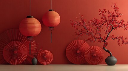 Red background, chinese new year decorations with lanterns and plum blossoms on a red wall, red paper fans, minimalist style, flat composition, wide angle lens, bright light, warm colors.