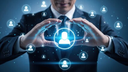Businessman protecting glowing user icons with hands in dark blue light.