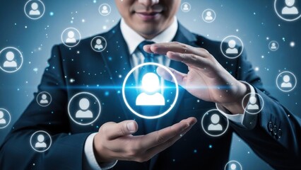 Businessman protecting glowing user icons in digital space concept