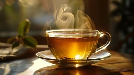 A clear glass cup of hot tea with steam on a saucer next to a plant in soft morning light