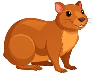 Cartoon of a brown small rodent, smiling, with a tan underside and a white tooth, isolated on a white background
