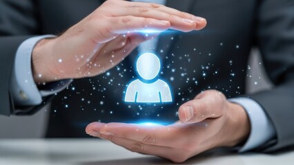 Hands cupping glowing digital person icon with blue light effects