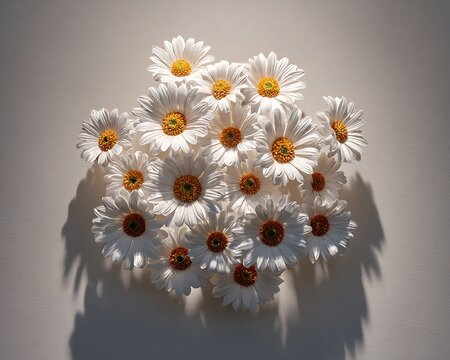 Illuminated cluster of white daisy like flowers with warm amber centers casting dramatic shadows on a textured wall - Powered by Adobe