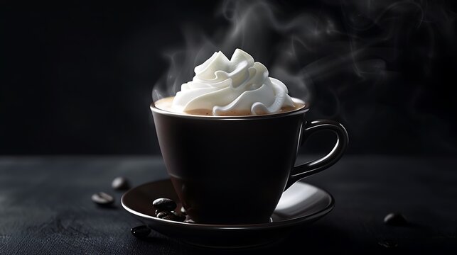A steaming cup of coffee topped with whipped cream on a saucer with coffee beans around it - Powered by Adobe
