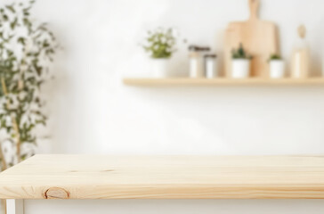 Minimalist Empty Wooden Kitchen Background for Product Display on Blurred Interior