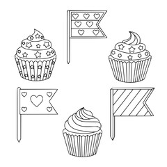 Cupcake Toppers and Flags with Heart and Star Patterns Outline Vector Set