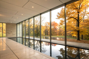 Naklejka premium Modern indoor space with glass windows and park view