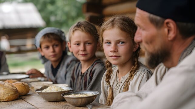 Rustic family meal children and an adult share food at a wooden table evoking togetherness and traditional life - Powered by Adobe