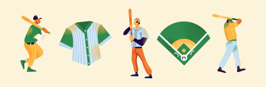 Baseball player characters and equipment set. Retro textured flat vector illustration collection. Batters, jersey, uniform, field. American team sport competition concept. 