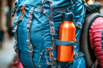A blue hiking backpack with an orange water bottle is seen being worn by a person in a busy city street