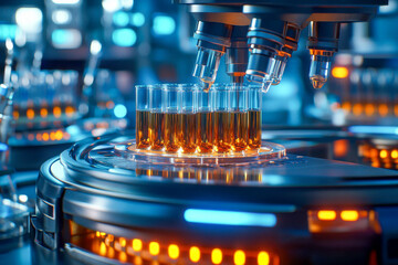 Automated laboratory machinery processes test tubes filled with liquid samples under precise lighting, showcasing cutting-edge technology in action