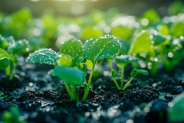 Young seedlings push through dark soil, glistening with droplets of water in the warm morning sun, symbolizing new growth and life