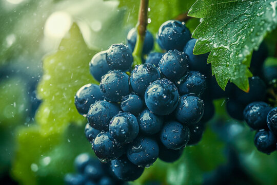 Juicy cluster of dark grapes hangs from a vine, glistening with raindrops under the warm sunlight in a vineyard - Powered by Adobe