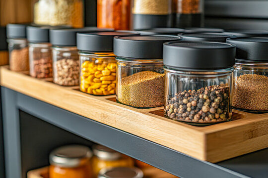 Colorful jars filled with various spices and grains are neatly arranged on a wooden shelf in a stylish kitchen setting
