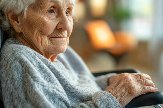 An elderly woman sits comfortably in a chair, her thoughtful gaze reflecting a lifetime of experiences, basking in afternoon light - Powered by Adobe