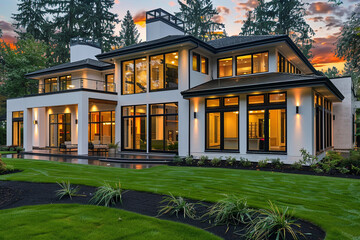 Contemporary Dream Home with Green Garden and Blue Sky Background