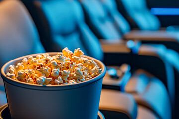 A bucket filled with fresh popcorn is placed in an empty theater. Soft blue lighting highlights empty, plush seats as the movie is about to begin
