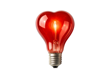 Red heart-shaped light bulb illuminated with warm Edison-style filament inside, isolated on a transparent background