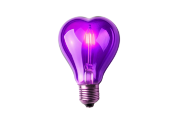 Purple heart-shaped light bulb glowing with visible filament in romantic design, isolated on a transparent background