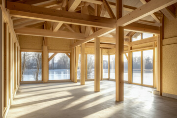 Bright and airy wooden interior with large windows overlooking a tranquil lake at dawn, showcasing natural light and minimal decor