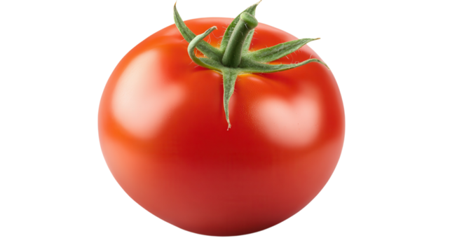 Bright red tomato sits on white background, showcasing its shiny surface and natural features.