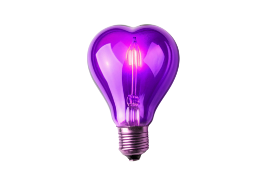 Purple heart-shaped light bulb glowing with visible filament in romantic design, isolated on a transparent background