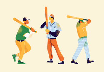 Baseball Players Hitting Pose Set. Three Batters in Uniforms Holding Bats, Ready to Swing. Flat Vector Illustration of Sports Activity and Game.  American team sport competition concept. 