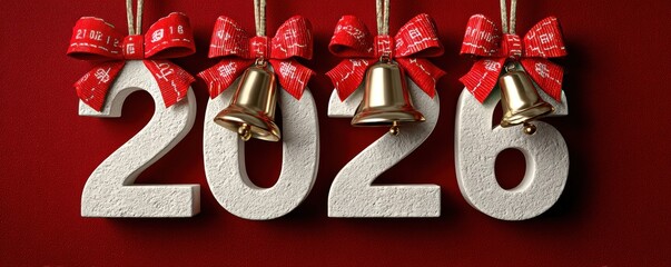 2026 festive countdown numbers with red bows and bells on a rich red background