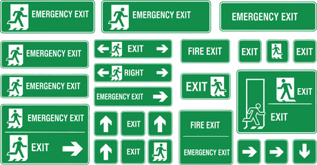 Various Green Emergency Exit Signs with Directional Arrows and Symbol on White