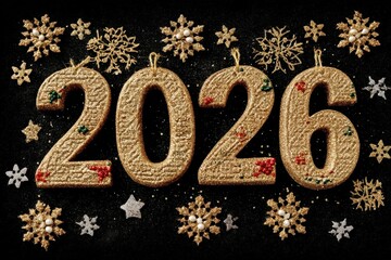 Golden 2026 numbers with glitter, snowflakes and stars on a black background
