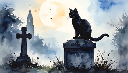 Black cat perched on a tombstone in a graveyard with a church and moon in the background, watercolor style