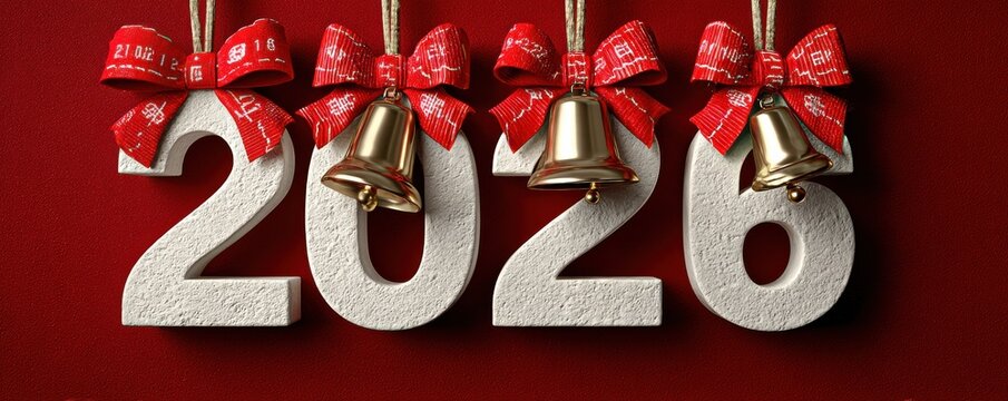 2026 festive countdown numbers with red bows and bells on a rich red background