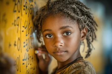 Young girl writes numbers on a chalkboard in a classroom, focused on learning math