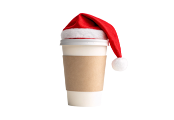 Takeaway coffee cup topped with festive Santa hat, isolated on a transparent background