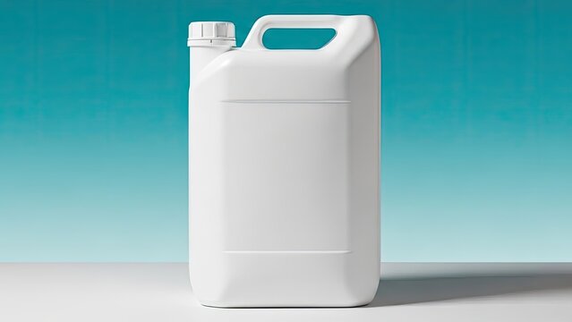 White plastic jerry can, industrial liquid container studio shot